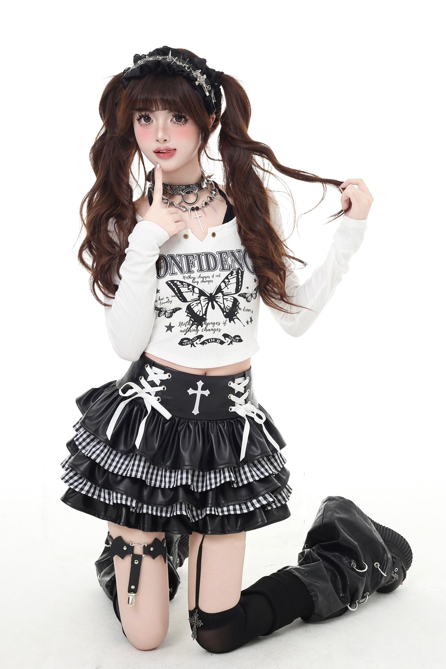 チェックレザースカート