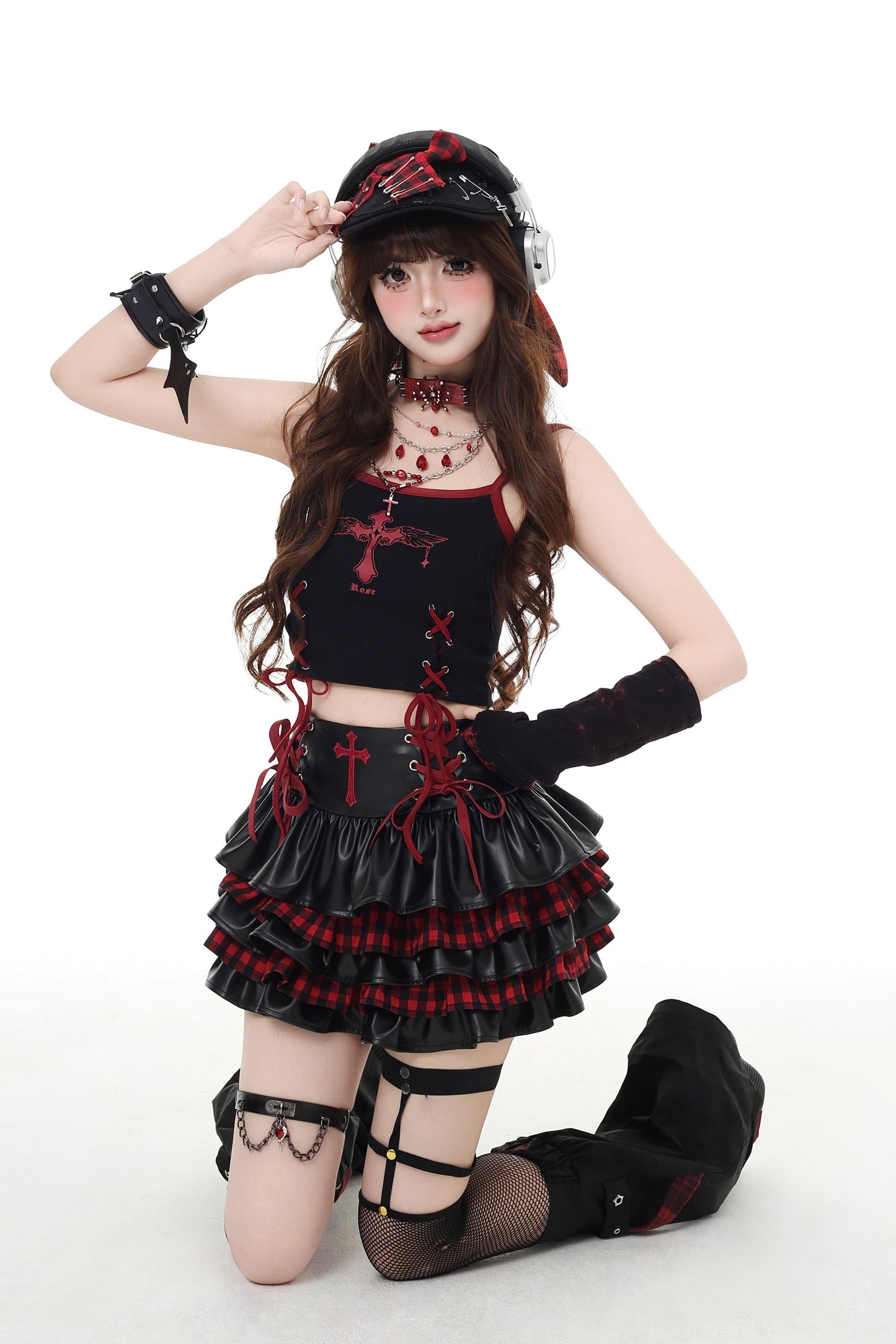 チェックレザースカート