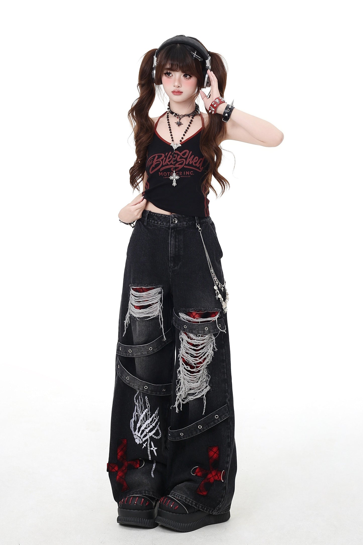 ダメージクロスチェックデニム