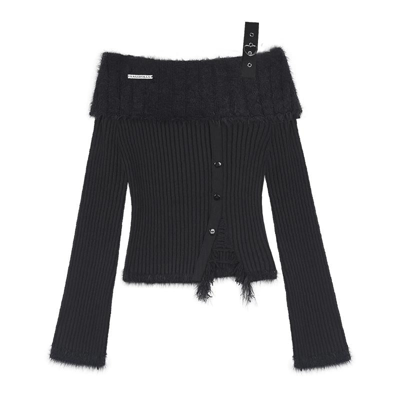 オフショルボタンニット