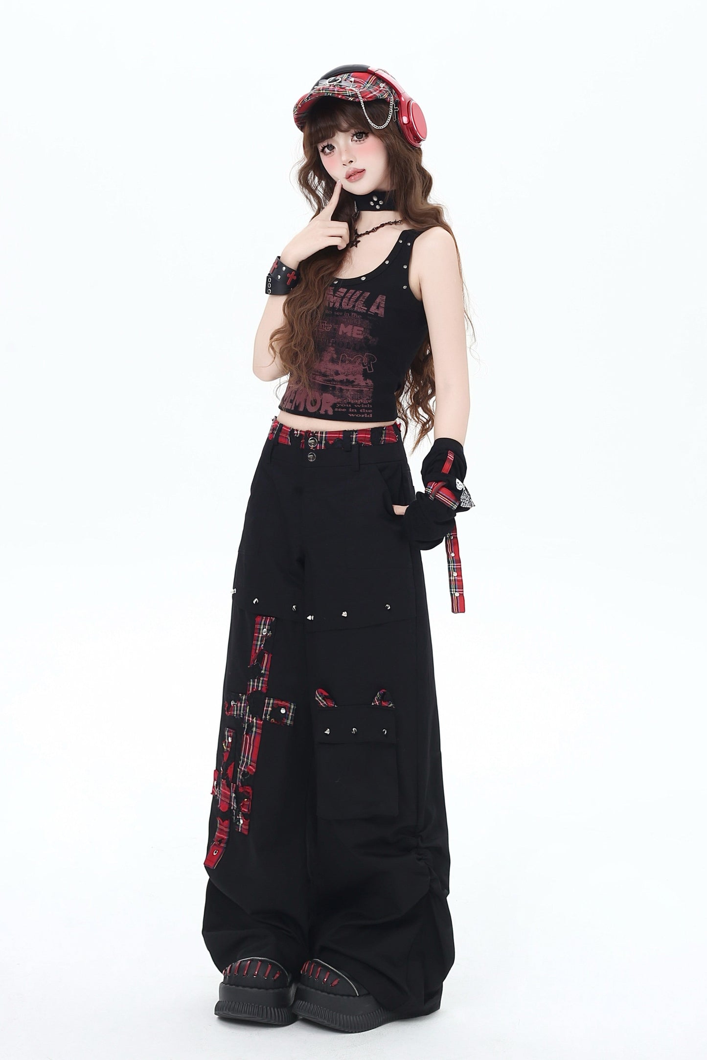 クロスレッドチェックパンツ