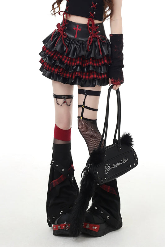 チェックレザースカート