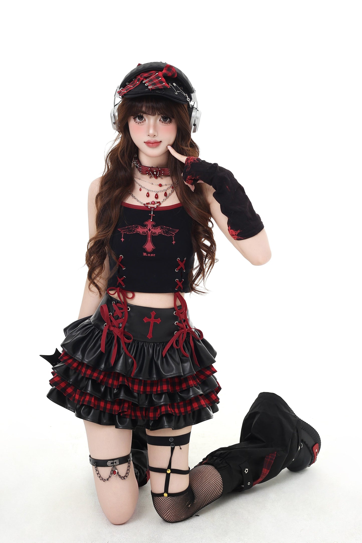 チェックレザースカート