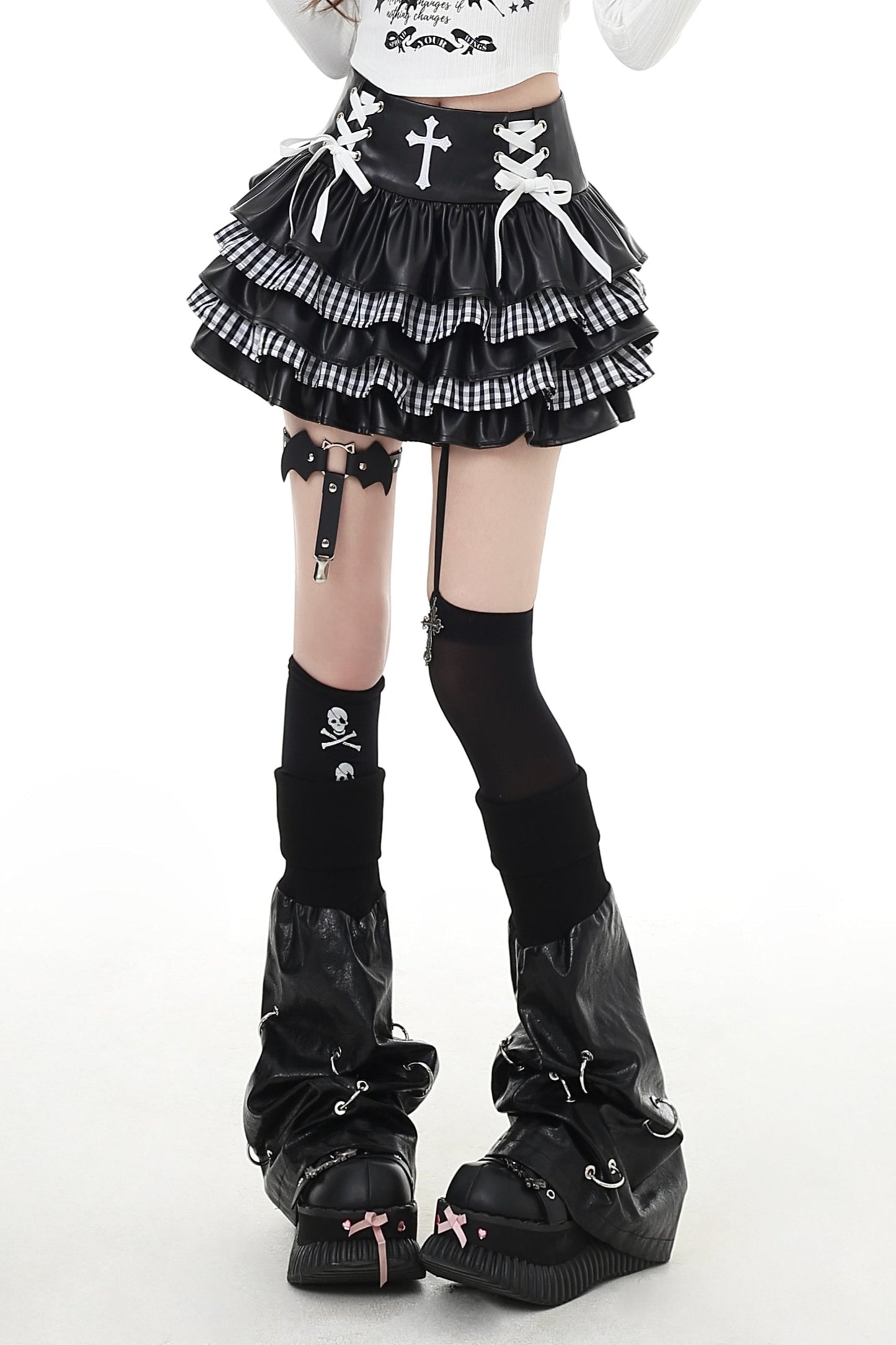 チェックレザースカート